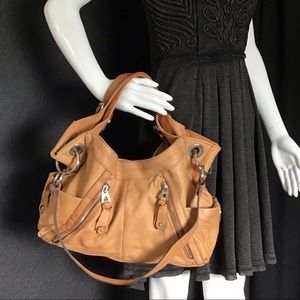B. Makowsky Tan Leather Satchel Shoulder Hobo Bag